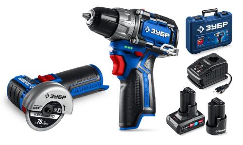 ЗУБР КОМПАКТ #5, набор: дрель-шуруповерт + мини УШМ, BRUSHLESS, 12 В, 45 Н·м, 2 АКБ тип Т7 (4 и 2 А·ч), кейс, Профессионал (DB-121-42AB)