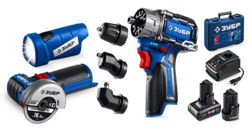 ЗУБР КОМБИ #5 набор: дрель-шуруповерт + мини УШМ + LED фонарь, BRUSHLESS, 12 В, 45 Н·м, 2 АКБ тип Т7 (4 и 2 А·ч), кейс, Профессионал (DB-125-42ABF)