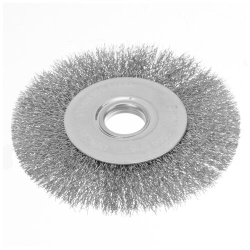 Щетка для УШМ, 125 мм, "Плоская", витая нержавеющая проволока 0.3 мм, посадка 22.2 мм Denzel